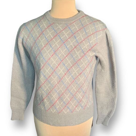 Vintage Sweaters - Vintage Wool Argyle Plaid Neutral Knit Ribbed Pullover Crewneck Sweater Gray
